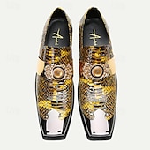 cheap Premium Leather Loafers-Men&#039;s Snake Print Leather Slip-On Dress Shoes with Gold Tip Gold Metal Embellishment–Premium Cowhide, Formal Party Footwear