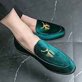 お買い得  セミフォーマル-ゴールドの刺繍が施されたメンズグリーンベルベットローファー - フォーマルなイベントや結婚式に最適な豪華なスリッポンシューズ