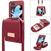 お買い得  サムスン用ケース-電話 ケース 用途 Zフリップ6 Z Flip 5 Z Flip 4 Z Flip 3 バックカバー ストラップ付き カード挿入口 耐衝撃 レトロ風 TPU PUレザー