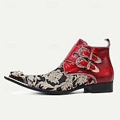 cheap Premium Leather Boots-Men&#039;s Floral Jacquard Leather Ankle Boots – Premium Cowhide, Red and Black Brocade Design with Double Buckle Straps and Gold-Tipped Decorative Toes
