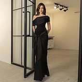 cheap BLACK-Mermaid Evening Gown Elegant Dress Formal Floor Length Short Sleeve One Shoulder Pocket Satin with Bow(s)