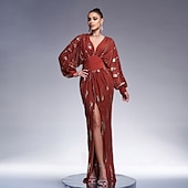 economico NERO-Abito da sera A-Line abito scintillante abito formale lungo fino al pavimento maniche lunghe collo a V con paillettes e glitter abito per ospiti di matrimonio