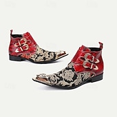 cheap Premium Leather Boots-Men&#039;s Floral Jacquard Leather Ankle Boots – Premium Cowhide, Red and Black Brocade Design with Double Buckle Straps and Gold-Tipped Decorative Toes