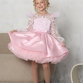 baratos Vestidos de Festa-Infantil Para Meninas Vestido de festa Côr Sólida Manga Longa Espetáculo Com Transparência Princesa Doce Com Transparência Longuette Vestido da bainha Vestido De Tule Verão Primavera Outono Crianças