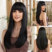 economico Parrucche trendy sintetiche-Parrucche sintetiche Liscio Frangetta dritta Con frangia Parrucca 26 pollici Nero Capelli sintetici Per donna Capelli schiariti comodo Con scoppi Nero