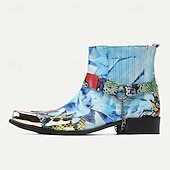 abordables Botas de cuero de primera calidad-Botines de piel de vacuno de primera calidad para hombre: botas de motociclista estilo western con estampado de serpiente colorido y puntera metálica