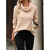 voordelige Effen kleuren-Dames Trui Streetwear Dagelijks Casual Effen Kleur Wijde col Gebreid Lange mouw Normale tops breien Werk Blozend Roze Khaki Herfst Winter