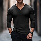 billiga Våffelstickad t-shirt-Herr T-shirt T-shirts Våffelstickad t-shirt Långärmad V-hals Vår Höst Vår &amp; Höst Ensfärgat Stickat Dagligen Klassisk Utomhus Casual Ledigt Svart Vinröd Blå Topp t-shirt för män