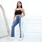 billiga Byxor-Dam Vanligt Jeans Streetwear Stylish Fullängd Hög midja Färgblock Lappverk Andningsfunktion Mjuk Bekväm Microelastisk Dagligen Utekväll Svart Blå Vår &amp; Höst Normal