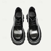 baratos Botas de couro premium-Botas masculinas de couro envernizado marrom com cadarço grosso - sapatos sociais casuais de grife com sola robusta para moda urbana