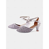 abordables Chaussures de danses latines-chaussures de danse en dentelle dorée pour femmes avec bride croisée et semelle en daim – talons confortables pour les événements de danse de salon et latine