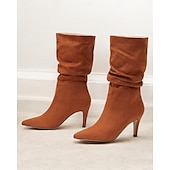 billiga Slouch Boots-damstövlar i brun mocka med mitten av vaden - eleganta stilettklackar med spetsiga tå, perfekta för höstens fritids- och festkläder