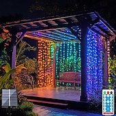 abordables Guirlandes solaires-3*3m 300 led solaire rideau lumière extérieure télécommande lumière 8 modes d&#039;éclairage guirlandes ip65 étanche fil de cuir lumières fête de noël mariage maison chambre jardin décoration murale