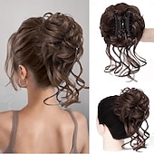 abordables Chignons-Chignon décoiffé, postiche à pince, cheveux bouclés et ondulés, faux cheveux, chignon ébouriffé, extensions de cheveux, chouchou, longue barbe, chignon, postiches pour femmes