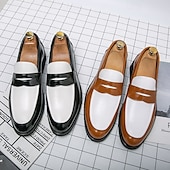 cheap Semi-Formal-Men&#039;s Two-Tone Faux Leather Slip-On Loafers – Black and White Penny Dress Shoes for Prom, Business Party, Gatsby Nightlife, Vintage 1950s Swing Look