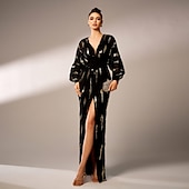 economico NERO-Abito da sera A-Line abito scintillante abito formale lungo fino al pavimento maniche lunghe collo a V con paillettes e glitter abito per ospiti di matrimonio