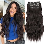 abordables Clip dans les extensions-Bouclé Clips Cheveux Synthétiques Longue Extension des cheveux A Clipser 4 pièces Résistant à la chaleur Femme