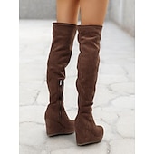 baratos Botas da moda-botas femininas acima do joelho, plataforma marrom com zíper lateral – textura de camurça sintética e plataforma confortável para looks casuais e estilosos