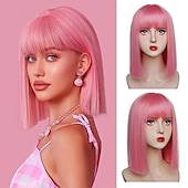 economico Parrucche trendy sintetiche-parrucca bob con frangia parrucca corta e dritta per donna parrucca sintetica resistente al calore in capelli naturali parrucche bob colorate per ragazze festa quotidiana parrucche per feste di Natale