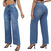 billige Straight-Leg Bukser-Dame Normal Jeans Gatemote Stilfull Full lengde Høy Midje Helfarge Lomme comfy Pusteevne Myk Mikroelastisk Gate Daglig Lyseblå Mørkeblå Vår &amp; Vinter Løstsittende