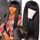abordables Pelucas delanteras del cordón de cabello natural-Pelucas frontales de encaje hd 2x1, pelucas de cabello humano con flequillo para mujeres negras, pelucas rectas con cierre de encaje sin pegamento para principiantes, cabello humano virgen 100 %