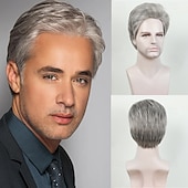 preiswerte Herrenperücken-Synthetische Perücken Glatt Asymmetrischer Haarschnitt Perücke Kurz Grau Synthetische Haare Herren Modisches Design Weich Natürlich Grau
