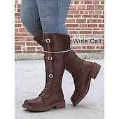 abordables Bottes de combat-bottes de combat à lacets à mollet large pour femmes avec sangles à boucle, semelle robuste - confortables et élégantes pour une tenue décontractée et extérieure