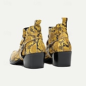 cheap Premium Leather Boots-Men&#039;s Yellow Snakeskin Leather Motorcycle Boots – Western Style Pointed Toe Ankle Boots with Buckle Straps for Bold Fashion Statements