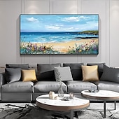 cheap Floral/Botanical Paintings-Sandy Sea Shore Flowers Blue Sky Hand Painted Wall Decor Living Room Acrylic Abstract Oil Painting Office Wall Art Textured Painting No Frame
