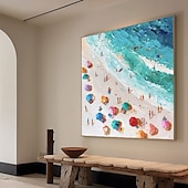 economico Quadri paesaggistici-Dipinto ad olio sulla spiaggia in 3D, dipinto ad olio astratto fatto a mano sulla costa su tela, dipinto fatto a mano sulla spiaggia soleggiata nei colori blu e beige, dipinto di onde per la