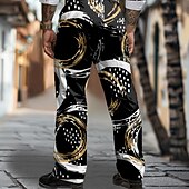 baratos Solto-Homens Geométrica Circulo Social Cintura Média Business casual Formal Dia a Dia Zíper Bolsos Calças de perna reta Verão Primavera Outono Impressão 3D Preto