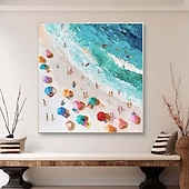 economico Quadri paesaggistici-Dipinto ad olio sulla spiaggia in 3D, dipinto ad olio astratto fatto a mano sulla costa su tela, dipinto fatto a mano sulla spiaggia soleggiata nei colori blu e beige, dipinto di onde per la