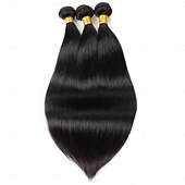 abordables 3 paquets extensions à fixation-Extensions de cheveux humains raides, lot de 3 mèches avec fermeture en dentelle 4x4, 25,4 à 71,1 cm, pour femmes noires