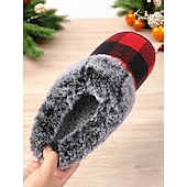 baratos Chinelos de mulher-chinelos femininos confortáveis com forro de lã xadrez - chinelos de casa com padrão xadrez de búfalo vermelho e preto com gola de pele sintética para conforto no inverno