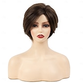abordables perruque plus âgée-perruques brunes perruque synthétique droite avec frange perruque fabriquée à la machine cheveux synthétiques courts pour femmes mode douce facile à transporter