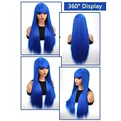 economico Parrucche trendy sintetiche-parrucca lunga e dritta con frangia parrucca sintetica in fibra di capelli naturali per donne e ragazze perfetta per feste di Natale e cosplay