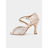 economico Scarpe per balli latini-tacchi da ballo da donna con strass dorati, cinturini incrociati e suola in pelle scamosciata, ideali per spettacoli di ballo da sala e latino