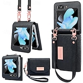 cheap Samsung Cases-Phone Case For Z Flip 6 Z Flip 5 Z Flip 4 Z Flip 3 Back Cover with Stand Holder with Wrist Strap Card Slot Retro TPU PU Leather