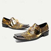 cheap Premium Leather Loafers-Men&#039;s Snake Print Leather Slip-On Dress Shoes with Gold Tip Gold Metal Embellishment–Premium Cowhide, Formal Party Footwear