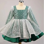 baratos Vestidos de Festa-Infantil Para Meninas Vestido de festa Côr Sólida Manga Longa Espetáculo Com Transparência Princesa Doce Com Transparência Longuette Vestido da bainha Vestido De Tule Verão Primavera Outono Crianças