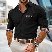cheap Men&#039;s  Overshirts-Men&#039;s Dress Shirt Corduroy Shirt Plaid Outdoor Work Black Navy Blue Brown Khaki Long Sleeve Turndown Spring &amp;  Fall Clothing Apparel Patchwork