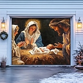 abordables Cubiertas navideñas para puertas de garaje-Adornos navideños para puertas, cubierta para puertas de garaje, belén, pancarta navideña para exteriores, gran telón de fondo navideño para puertas de garaje, decoraciones de pared para el hogar,