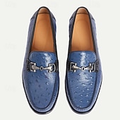 billiga Premium läder Loafers-loafers i blå premiumkoskinn för män med strutsmönster och metallspänne, eleganta klänningsskor för formella och vardagliga tillfällen