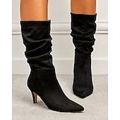 billiga Slouch Boots-damstövlar i brun mocka med mitten av vaden - eleganta stilettklackar med spetsiga tå, perfekta för höstens fritids- och festkläder
