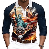 cheap Independence Day-Christmas Men&#039;s USA Statue Of Liberty Polo Shirts Golf Polos Shirts Long Sleeve Polo Shirts Collar Casual Vacation Street Dailywear Buttons 3D Print Spring &amp; Summer Dark Blue