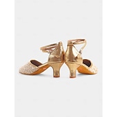 abordables Chaussures de danses latines-chaussures de danse en dentelle dorée pour femmes avec bride croisée et semelle en daim – talons confortables pour les événements de danse de salon et latine