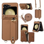 baratos Capa Samsung-telefone Capinha Para Z Virar 6 Z Flip 5 Z Flip 4 Z Flip 3 Capa traseira Com Suporte com cordão com pulseira Retro TPU Couro PU