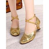 abordables Chaussures de danses latines-chaussures de danse à paillettes dorées pour femmes avec design à brides croisées – talons de salle de bal et latins étincelants pour la performance et la pratique