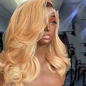baratos Perucas de seda frontais de cabelo natural-Peruca de renda frontal sem cola 13x4 brasileira virgem ombre cabelo humano ondulado com cabelo de bebê perucas coloridas loiras mel pré-arrancadas para mulheres