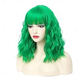 halpa Synteettiset trendikkäät peruukit-bob-peruukit naisille lyhyt kihara aaltoileva peruukki otsatukkalla olkapäiden pituus lyhyt bob-peruukki naisille tytöille synteettinen peruukki cosplay joulujuhlaperuukit St.patrickin päivän peruukit